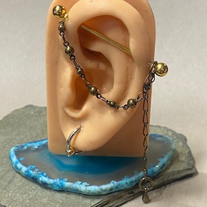 Industrial Barbell - LONG Gold Beaded Chain Bar 16G 1 1/2” - 14G 1 1/4" or 1 3/8” or 1 1/2" - Double Ear Piercing Scaffold Upper Ear Jewelry