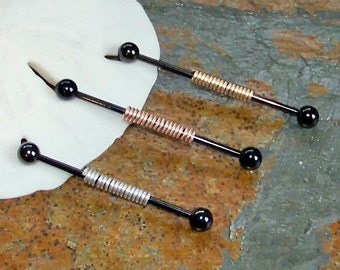 Black Industrial Barbell - Wrapped Barbell - Industrial Piercing - 14 Gauge Ear Jewelry - Rose Gold - Yellow Gold - Sterling Silver