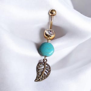 Gold Belly Button Ring - Gold Belly Ring - Belly Button Jewelry - Antiqued Brass Filigree Leaf with Magnesite Cion or Choose Another Shape