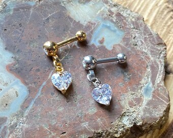 Heart Cartilage Tragus Helix Bar 16G 1/4" Barbell - CZ Crystal Dangle