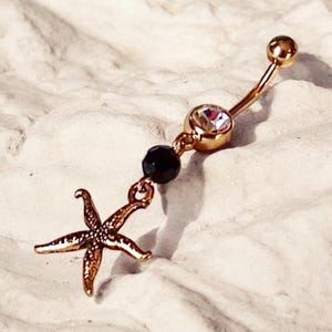 Gold Belly Button Ring - Belly Button Jewelry - Gold Belly Ring - Gold Starfish Charm with Black Crystal