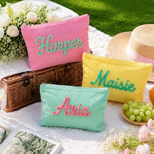 Personalized Seersucker Makeup Bag | Custom Name Cosmetic Pouch | Bridesmaid Gift Bag | Bridal Party Makeup Case | Travel Toiletry Organizer