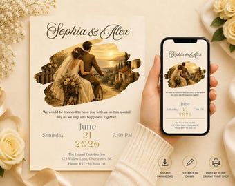 Tuscan Wedding Invitation Template, Romantic Editable Canva Invite (Digital Download)