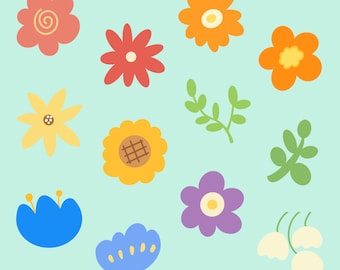 Retro handgetekende bloemelementen clipart, boho bloemen png-stickers (digitale download)