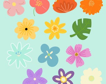 Pastel boho bloemen clipartset, retro handgetekende graphics (digitale download)