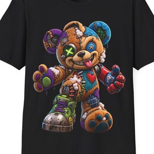 Patchwork Teddy Bear Graphic Tee, Creepy Plush Doll, Alternative Streetwear