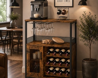 Industrial Wine Bar Cabinet, Coffee Bar Station with Glass Holder, Rustic Liquor Cabinet, Kitchen Storage Shelf, Modern Home Bar Furniture