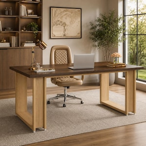 May include: A rectangular desk with a dark brown wooden top and light wood U-shaped legs. A beige office chair with a quilted backrest sits behind the desk. A silver laptop, a gold desk lamp, and a small white tray are placed on the desk surface.