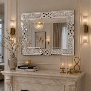 Luxury Diamond Wall Mirror, Silver Glam Mirror, Modern Decorative Mirror, Large Entryway Mirror, Contemporary Living Room Mirror, Wall Decor