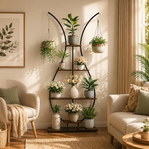 Puede incluir: Un soporte para plantas alto de metal negro con un marco en forma de lágrima y varios estantes de madera. El soporte sostiene varias plantas en macetas, incluyendo vegetación colgante, arbustos con flores y follaje en macetas de cerámica.