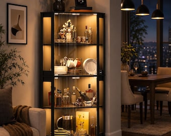 Armário de canto moderno com luzes LED, buffet de canto, armário de armazenamento com portas de vidro, armário de canto para sala de jantar