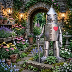Könnte beinhalten: Eine Gartenfigur aus Metall in Form eines Blechmanns mit spitzem Hut, einem breiten Lächeln und einem leuchtend roten Herz auf der Brust. Die Figur steht auf einem Steinweg in einem üppigen Garten und hält ein kleines Gartengerät in der Hand.