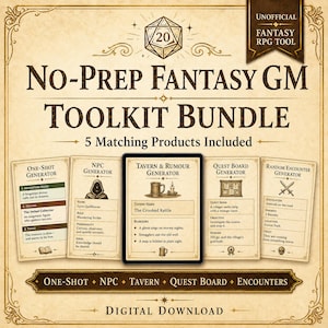 May include: A digital download fantasy RPG toolkit bundle with five matching products. The image features cards for one-shot, NPC, tavern, quest board, and random encounter generators. The text includes "No-Prep Fantasy GM Toolkit Bundle" and "Digital Download."