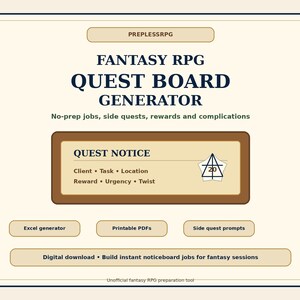 May include: A digital product labelled "FANTASY RPG QUEST BOARD GENERATOR" with "QUEST NOTICE" and quest elements. Features options for Excel generation, printable PDFs, and side quest prompts. It is an unofficial fantasy RPG preparation tool.