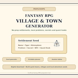 以下が含まれることがあります： ファンタジーRPGの村と町のジェネレーターのデジタルグラフィック。デザインは、名前、タイプ、雰囲気、問題、秘密、NPC、クエストフックなど、集落の種子のためのテキストとレイアウトを備えています。追加オプションには、Excelジェネレーター、印刷可能なプランナー、およびランダムテーブルが含まれます。