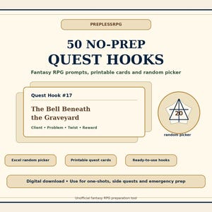 Op de afbeelding: Een beige digitale downloadafbeelding met de tekst "50 NO-PREP QUEST HOOKS" voor fantasy-RPG's. De afbeelding bevat een voorbeeld van een questkaart, een willekeurige picker en de tekst "The Bell Beneath the Graveyard."