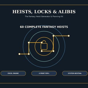 May include: A dark blue digital graphic titled HEISTS, LOCKS & ALIBIS, The Fantasy Heist Generator & Planning Kit. It features 60 COMPLETE FANTASY HEISTS, a central lock icon with concentric circles, and three buttons labeled EXCEL ENGINE, 4 PRINT PDFs, SYSTEM-NEUTRAL.