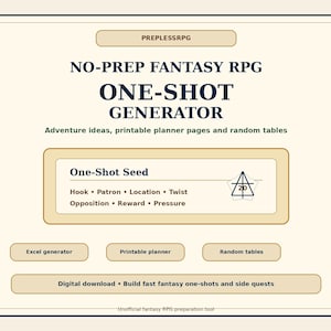 May include: A digital download graphic for a fantasy RPG generator. The text reads "NO-PREP FANTASY RPG ONE-SHOT GENERATOR" with adventure ideas and random tables. Includes "One-Shot Seed" with prompts and buttons for Excel, printable planner, and random tables.