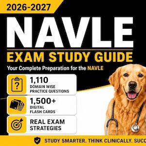 May include: A study guide for the NAVLE exam, featuring a golden retriever, a tabby cat, and a horse. The guide includes 1,110 practice questions, 1,500+ digital flashcards, and real exam strategies. The text reads "2026-2027 NAVLE EXAM STUDY GUIDE."