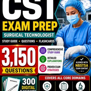 Op de afbeelding: Een CST Exam Prep studiehandleiding voor chirurgisch technologen. De cover toont "CST EXAM PREP" en "2026-2027 EDITION". Het bevat 3.150 vragen, 300 digitale flashcards en behandelt de belangrijkste domeinen. Een medisch professional is op de achtergrond.