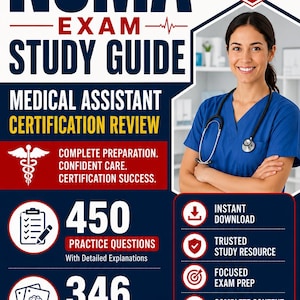 Guía de estudio para el examen NCMA 2026-2027 / Repaso para la certificación de asistente médico / 450 preguntas de práctica / 346 tarjetas didácticas / Descarga digital