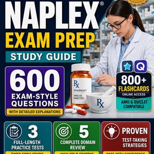 May include: A study guide for the NAPLEX exam, featuring the text "NAPLEX EXAM PREP STUDY GUIDE" and "2026-2027 EDITION." The cover includes a pharmacy theme with a mortar and pestle, prescription bottle, and pills. It also highlights 600 exam-style questions, 800+ flashcards, and practice tests.