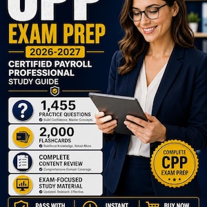 May include: A digital study guide for the 2026-2027 Certified Payroll Professional exam. The graphic features the text CPP EXAM PREP, 1,455 practice questions, 2,000 flashcards, complete content review, and exam-focused study material by MEDIOMINDLIBRARY.