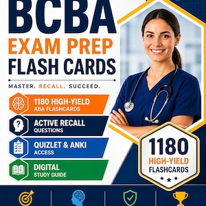 Op de afbeelding: Een digitaal studiesysteem voor BCBA-examenvoorbereiding met 1180 flashcards, actieve herinneringsvragen, Quizlet- en Anki-toegang en een digitale studiegids. De afbeelding bevat tekst, iconen en een professional in blauwe kleding met een stethoscoop.