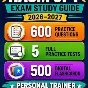 May include: A book cover for the NASM CPT Exam Study Guide 2026-2027. The cover features text and graphics, including "600 Practice Questions," "5 Full Practice Tests," and "500 Digital Flashcards." The title also includes "Personal Trainer Certification Prep."