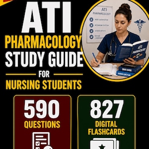 Puede incluir: Una guía de estudio para estudiantes de enfermería, titulada "ATI Pharmacology Study Guide", edición 2026. La portada presenta a una enfermera leyendo un libro, con el texto "590 Preguntas" y "827 Fichas Digitales."