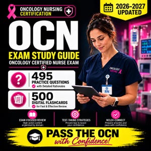 May include: An Oncology Nursing Certification OCN exam study guide for 2026-2027. The cover features large white text, a pink ribbon, and icons for 495 practice questions and 500 digital flashcards. It includes sections for exam-focused review, test-taking strategies, and NCLEX-Connect.