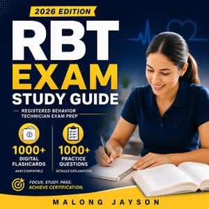May include: A study guide titled "RBT EXAM STUDY GUIDE" with the text "2026 EDITION" at the top. The guide includes digital flashcards and practice questions. A woman is writing in a notebook, with an open book beside her.