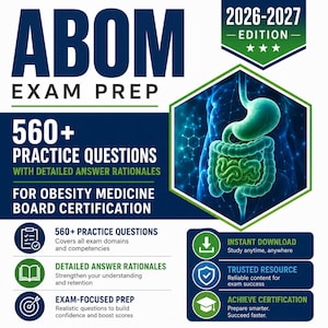 Könnte beinhalten: ABOM Exam Prep 2026-2027 Edition mit über 560 Übungsfragen und detaillierten Begründungen für die Facharztprüfung Adipositasmedizin. Enthält Symbole für sofortigen Download, vertrauenswürdige Ressourcen und Zertifizierung.