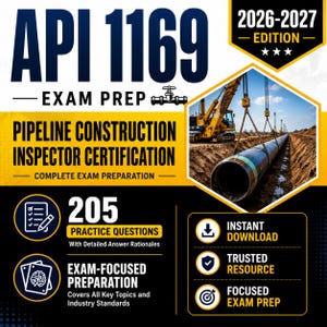 May include: A digital study guide for the API 1169 Pipeline Construction Inspector Certification 2026-2027 edition. The graphic features bold text, a pipeline construction site image, 205 practice questions, and icons for instant download.