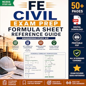 FE Civil Exam Prep Formula Sheet, Engineering Study Aid (Digital Download)