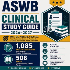 May include: A digital study guide titled ASWB CLINICAL STUDY GUIDE 2026-2027. The graphic features a clipboard, a scale of justice, and a stack of books. It lists 1,085 practice questions and 508 pages of content, with icons for instant download.