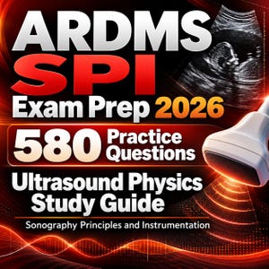 Puede incluir: Una guía de estudio ARDMS SPI Exam Prep 2026 con 580 preguntas de práctica sobre física de ultrasonido y principios de instrumentación en ecografía. La portada muestra una sonda de ultrasonido médica y una ecografía fetal sobre fondo rojo.