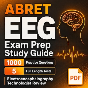 Könnte beinhalten: Ein ABRET EEG Prüfungsvorbereitungs-Lernleitfaden mit einer leuchtend orangen Gehirnkontur und einer EKG-Welle auf schwarzem Hintergrund. Der Text enthält 1000 Übungsfragen und 5 vollständige Tests zur Prüfungsvorbereitung für EEG-Technologen als PDF.