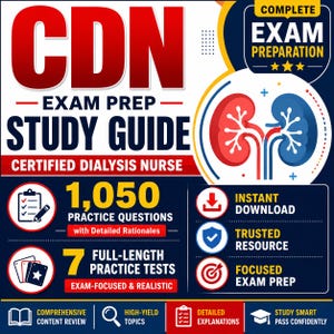 Pode incluir: Um guia de estudo de preparação para o exame CDN para enfermeiros de diálise certificados com texto vermelho, um gráfico de rins vermelho e azul, 1.050 questões de prática, 7 testes completos, download instantâneo e revisão de conteúdo.