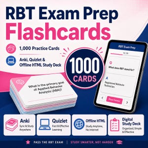 May include: RBT Exam Prep Flashcards featuring 1,000 practice cards, a digital study deck, and compatibility with Anki, Quizlet, and offline HTML. The display shows a stack of cards and a tablet screen with a sample question and answer.
