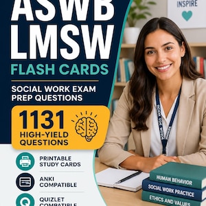 May include: A promotional graphic for ASWB LMSW flash cards featuring the text Mediomind Library, 1131 high-yield questions, and social work exam prep. The design includes icons for printable, Anki, and Quizlet compatibility, with a stack of books.