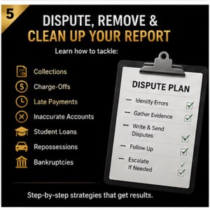 May include: A black graphic with gold text titled DISPUTE, REMOVE & CLEAN UP YOUR REPORT. It lists items like Collections, Charge-Offs, and Late Payments. A clipboard shows a DISPUTE PLAN with checked items: Identify Errors, Gather Evidence, Write & Send Disputes, Follow Up, and Escalate If Needed.