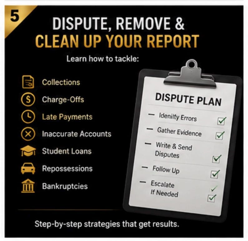 May include: A black graphic with gold text titled DISPUTE, REMOVE & CLEAN UP YOUR REPORT. It lists items like Collections, Charge-Offs, and Late Payments. A clipboard shows a DISPUTE PLAN with checked items: Identify Errors, Gather Evidence, Write & Send Disputes, Follow Up, and Escalate If Needed.