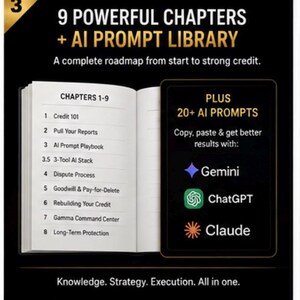 May include: An open book displaying a table of contents with chapters 1 through 8, alongside a black rectangular panel listing 20+ AI prompts for Gemini, ChatGPT, and Claude. The text reads 9 Powerful Chapters + AI Prompt Library and Knowledge. Strategy. Execution. All in one.
