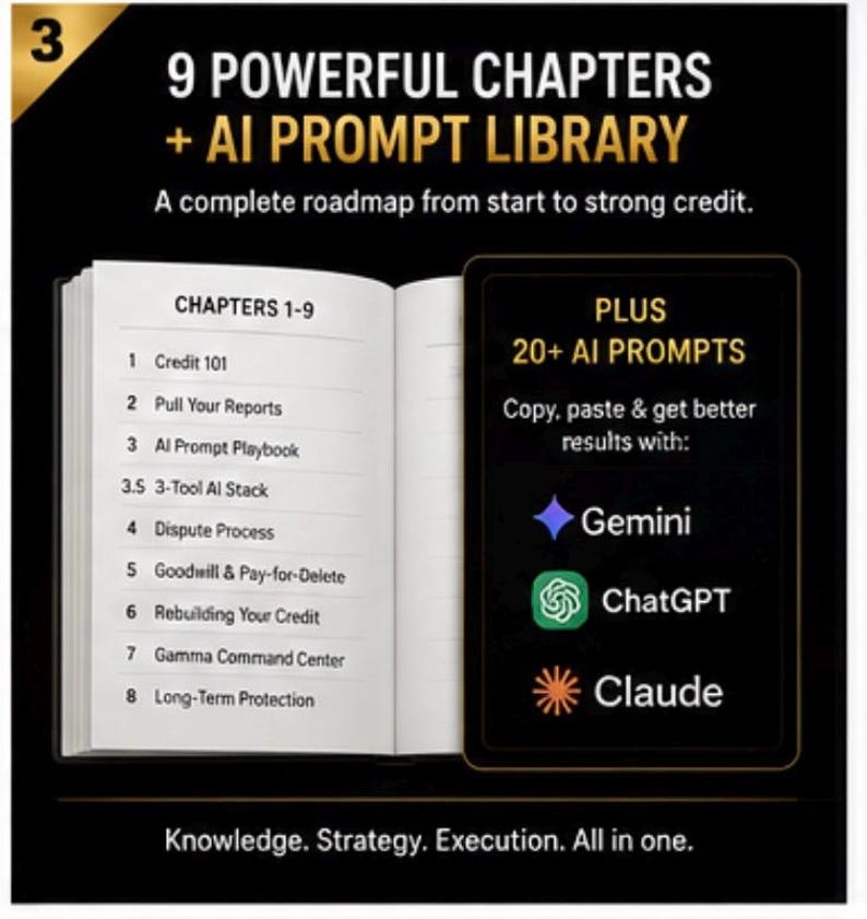 May include: An open book displaying a table of contents with chapters 1 through 8, alongside a black rectangular panel listing 20+ AI prompts for Gemini, ChatGPT, and Claude. The text reads 9 Powerful Chapters + AI Prompt Library and Knowledge. Strategy. Execution. All in one.