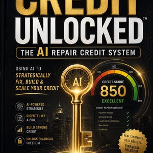May include: A black book titled Credit Unlocked: The AI Repair Credit System by Desiree Slaughter. The cover features a gold key with an AI symbol, a credit score gauge showing 850, and text detailing AI-powered strategies for credit repair.