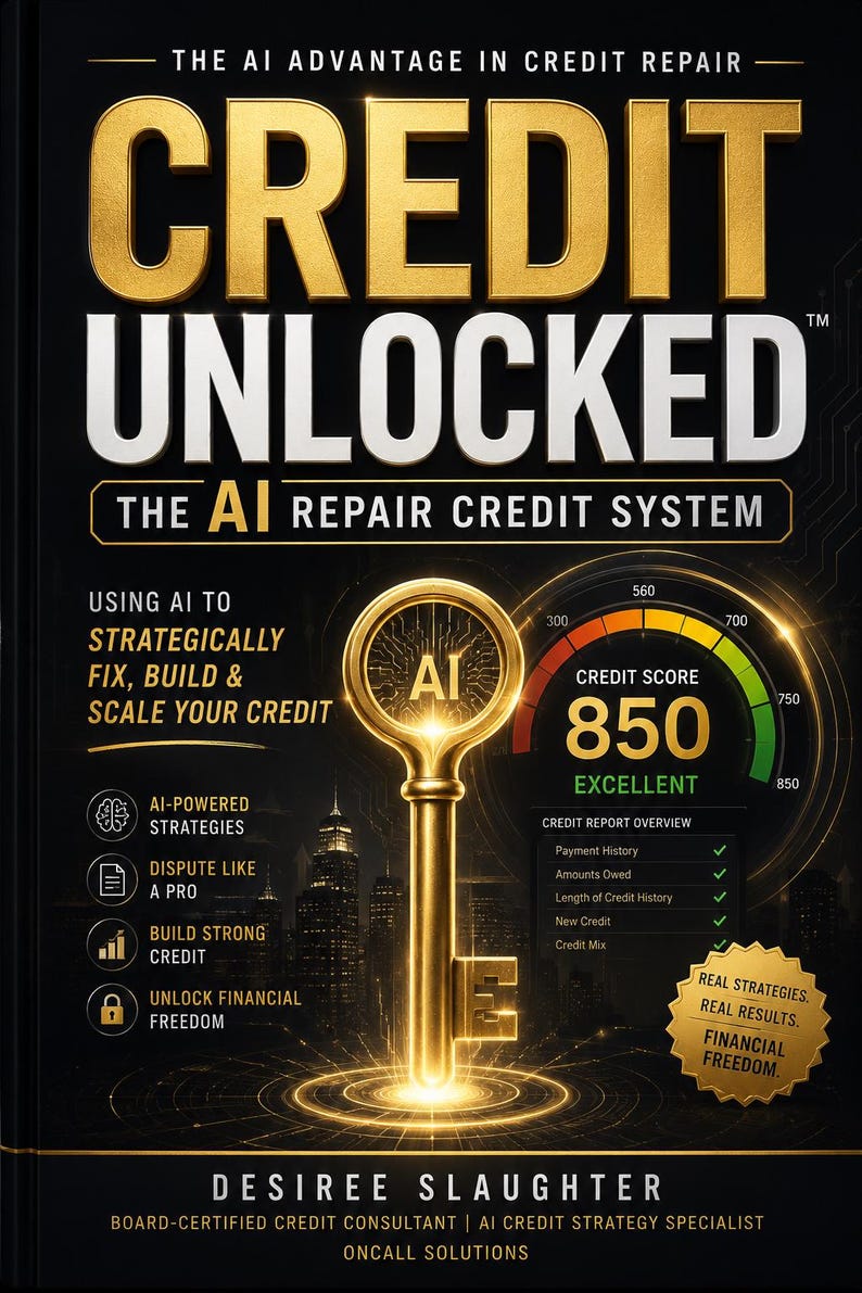 May include: A black book titled Credit Unlocked: The AI Repair Credit System by Desiree Slaughter. The cover features a gold key with an AI symbol, a credit score gauge showing 850, and text detailing AI-powered strategies for credit repair.