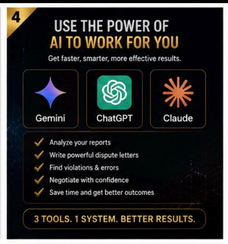 May include: A black informational graphic titled USE THE POWER OF AI TO WORK FOR YOU. It features icons for Gemini, ChatGPT, and Claude, followed by a checklist of benefits including analyze reports, write dispute letters, and find errors.