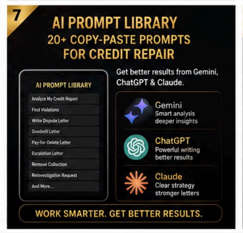 May include: A digital graphic titled AI PROMPT LIBRARY 20+ COPY-PASTE PROMPTS FOR CREDIT REPAIR. It features a tablet icon listing prompt categories like Analyze My Credit Report and Write Dispute Letter, alongside logos for Gemini, ChatGPT, and Claude.