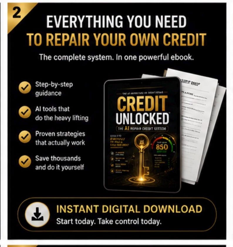 May include: A digital ebook titled Credit Unlocked featuring a gold key graphic and a credit score gauge on a black background. Text includes Everything You Need To Repair Your Own Credit, Step-by-step guidance, AI tools, and Instant Digital Download.